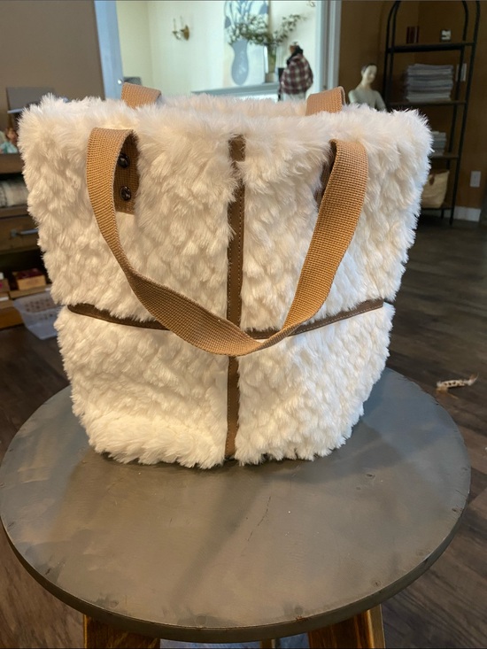 Handbags - Cream Faux Fur Tote with Tan Webbing Straps